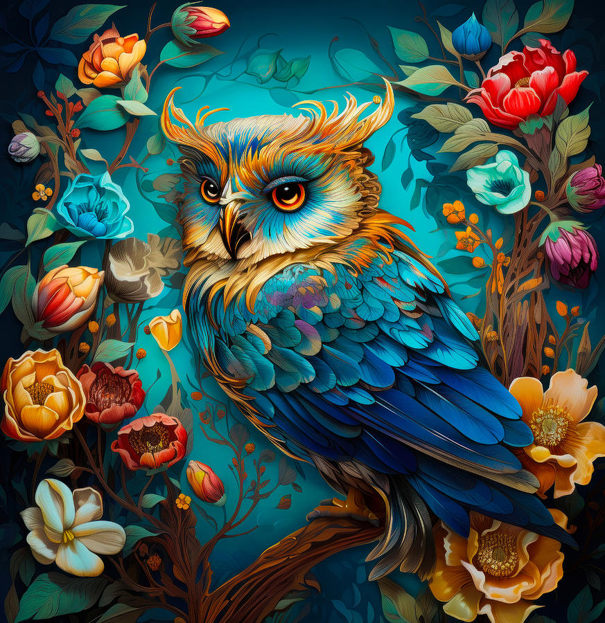 Beautiful owl on a tree branch with flowers at moonlight. Digital Art ...