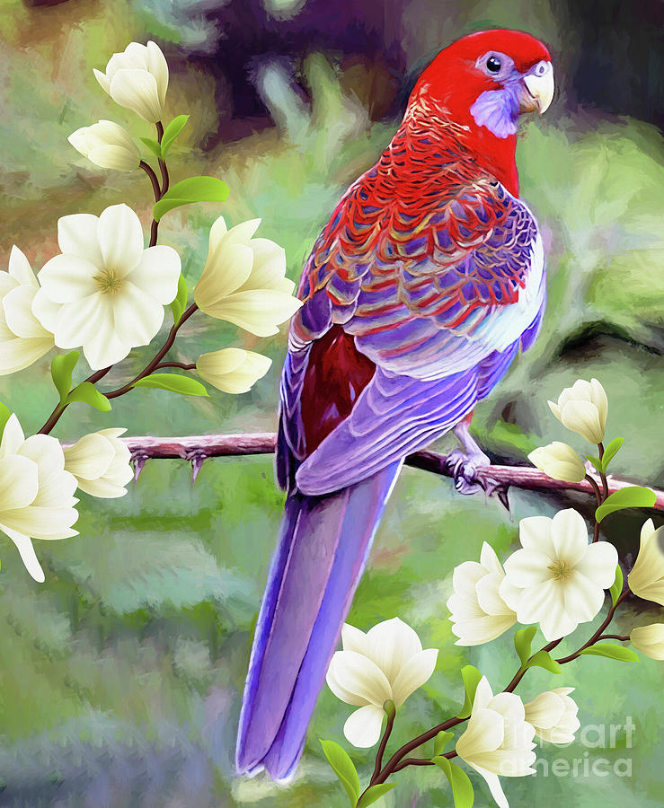 Bird Painting - Beautiful parrot sitting on the flowers branch by Gull G