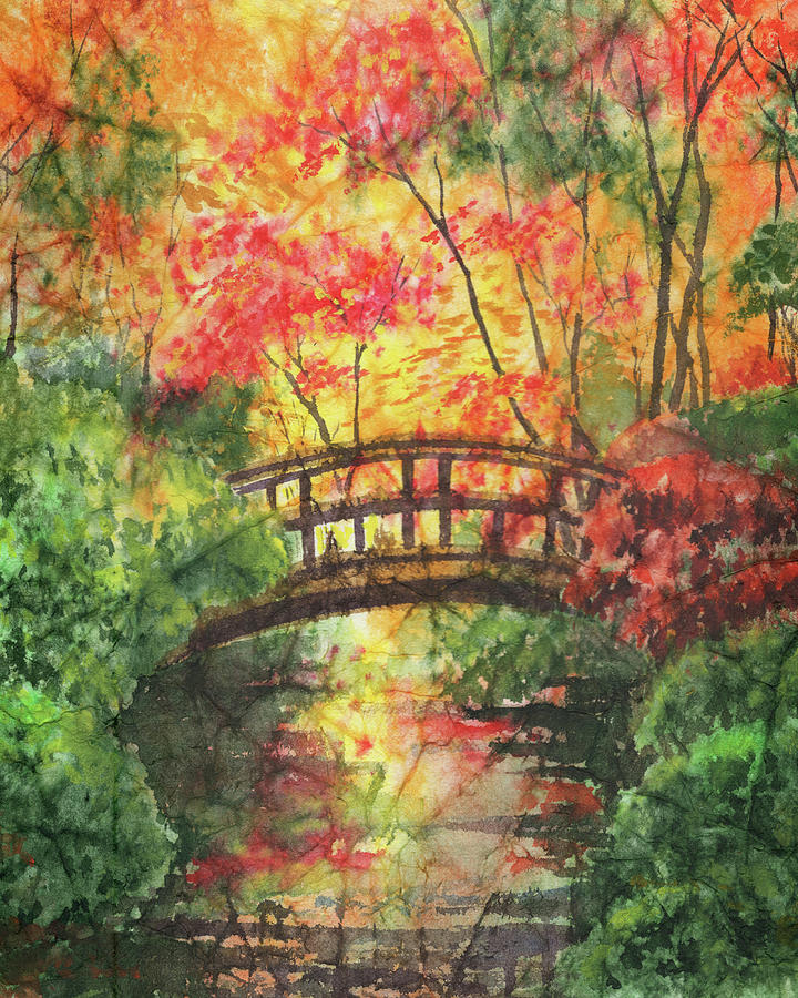 Beautiful Pond With Wooden Bridge In Fall Japanese Garden Watercolor  Painting by Irina Sztukowski