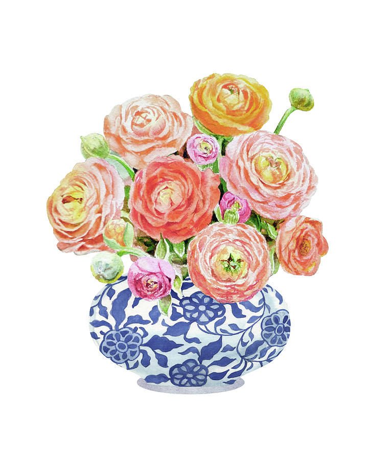 Beautiful Ranunculus Watercolor Bridal Bouquet In Blue Chinese Vase  Painting by Irina Sztukowski