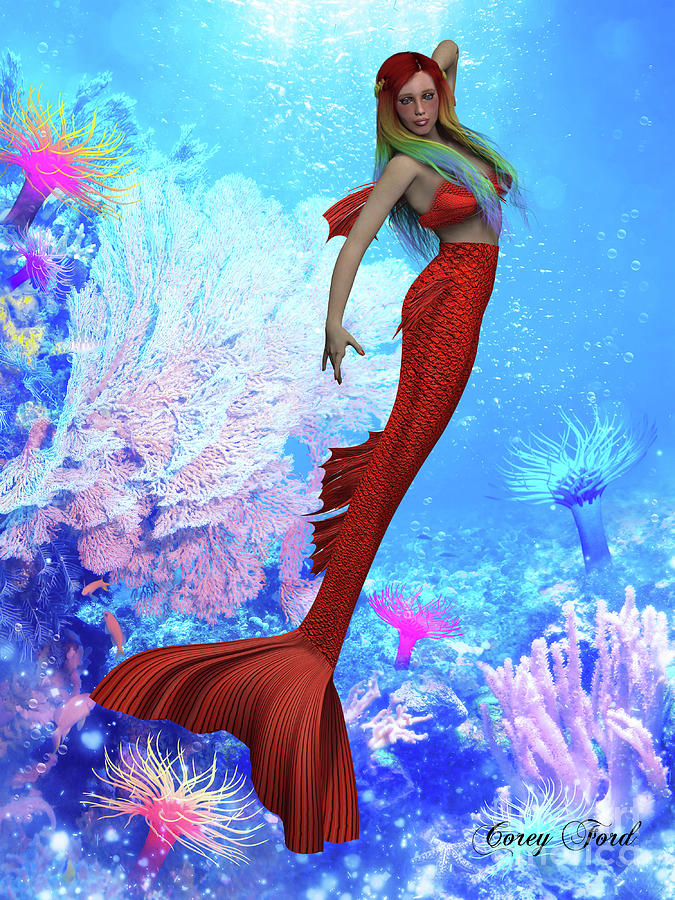 Beautiful Red Mermaid Digital Art