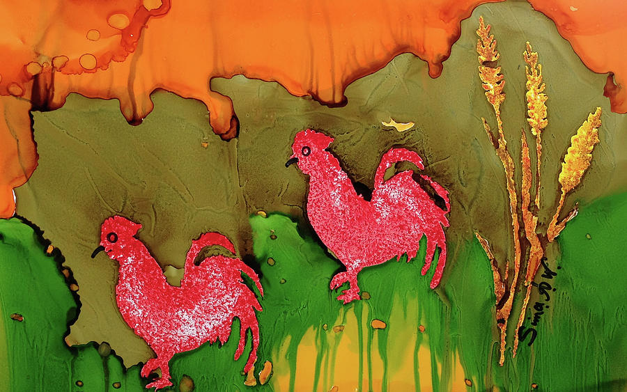 Beautiful Roosters.  Painting by Sima Amid Wewetzer