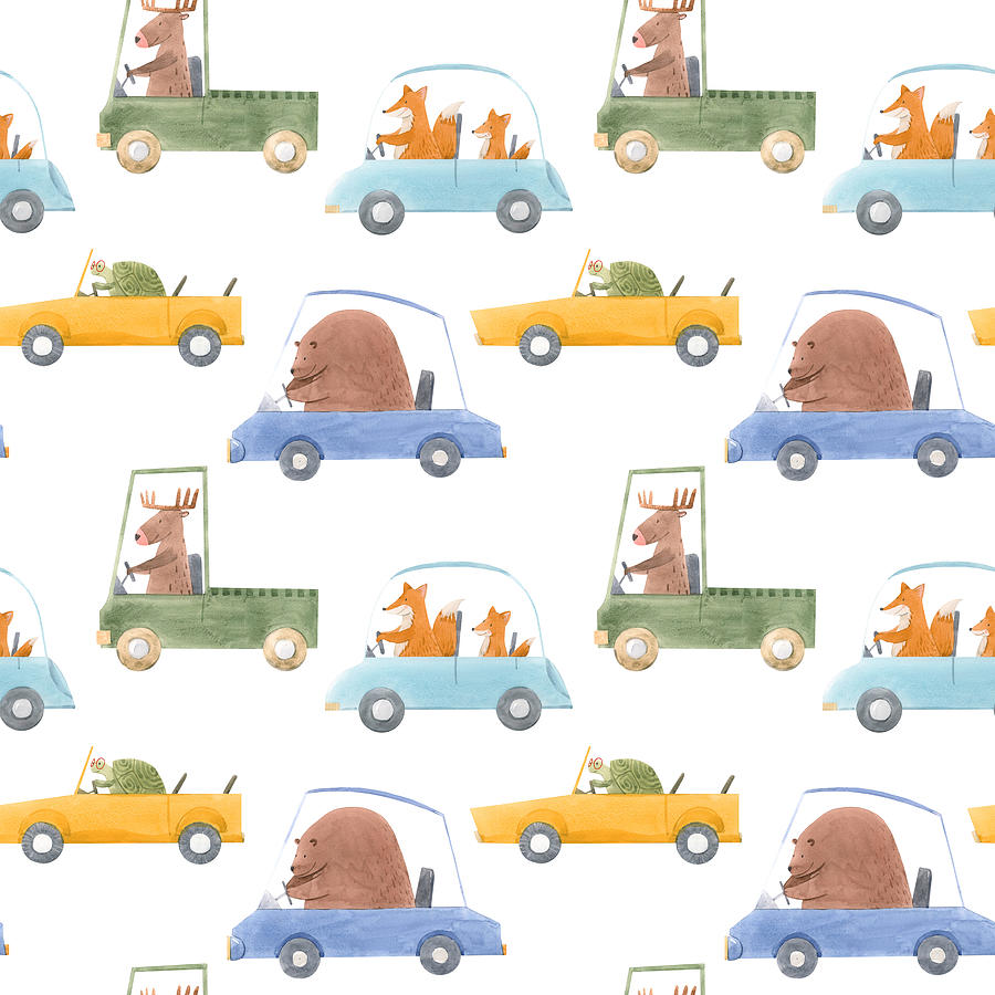 Beautiful Seamless Baby Pattern With Cute Hand Drawn Watercolor Animal Drivers In Cars Drawing