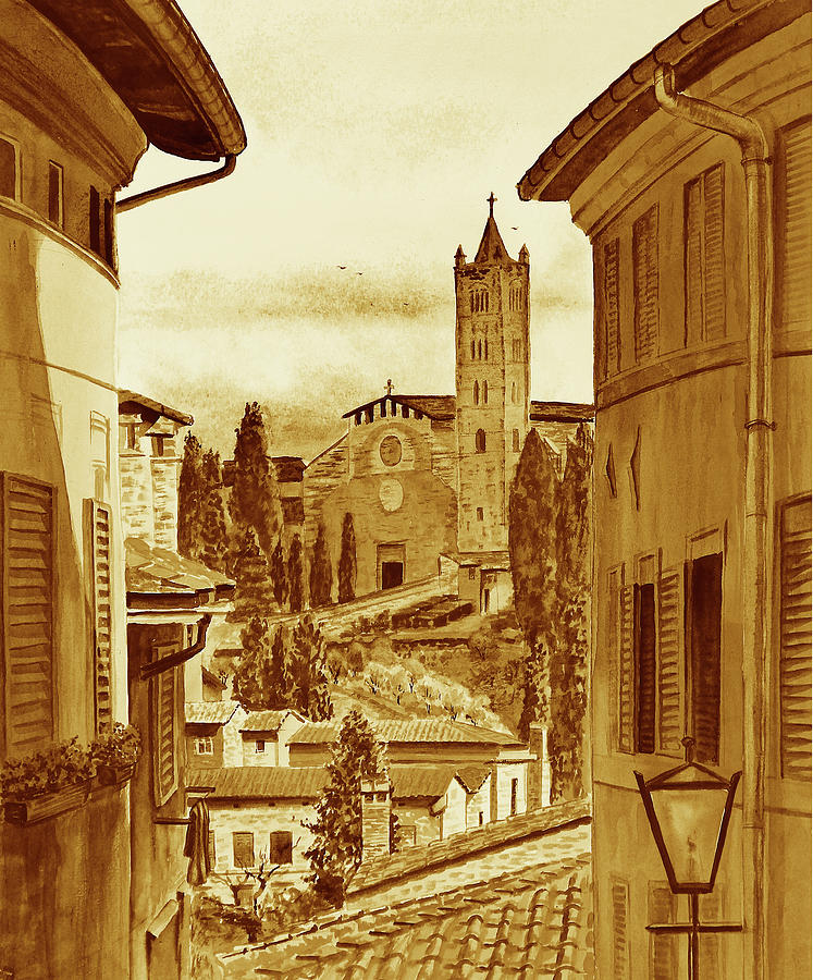 Beautiful Siena Italy Vintage Beige Watercolor Painting