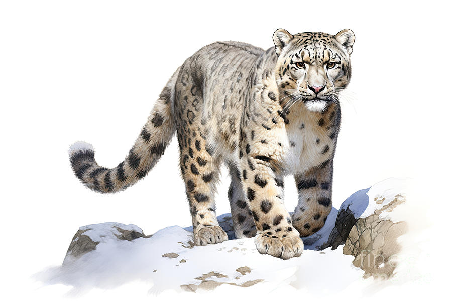 Beautiful snow leopard, panthera uncia, standing on a snowy ledge. Digital watercolour on white background. Digital Art by Jane Rix Beautiful snow leopard, panthera uncia, standing on a snowy ledge. Digital watercolour on white background. Digital Art by Jane Rix