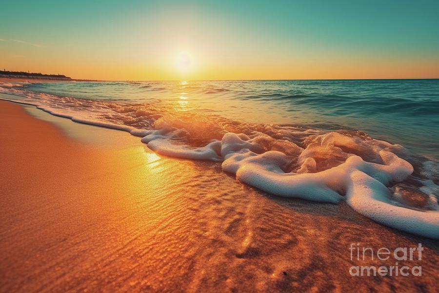 Beautiful sunset on the shore of a beach with gentle waves and warm sand. Photograph by Joaquin Corbalan