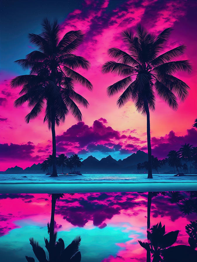 Beautiful Synthwave Tropical Miami Beach Landscape Digital Art by Julio ...