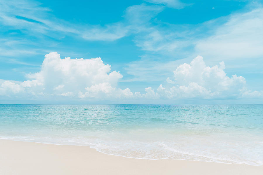 Beautiful tropical beach blue sky, white clouds abstract texture ...