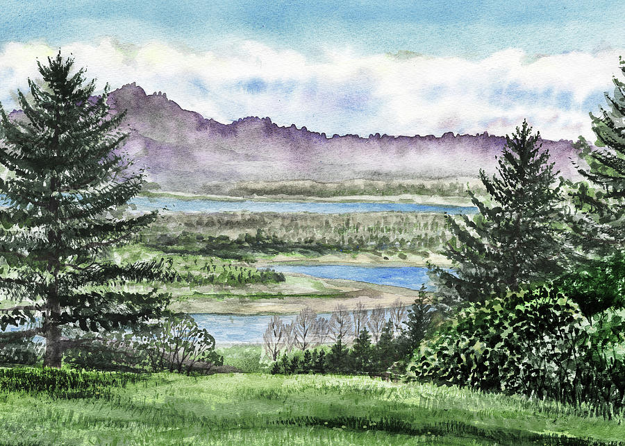 Beautiful Watercolor Landscape With Pine Trees River And Mountains Painting