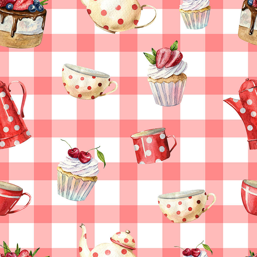Beautiful Watercolor Seamless Pattern With Teapots, Cups, Cakes, Cupcakes, Tablecloth Flowers, Labels. Invitation Cards, Kitchen Decor, Greeting Cards, Posters, Scrapbooking, Print, Wallpaper Drawing