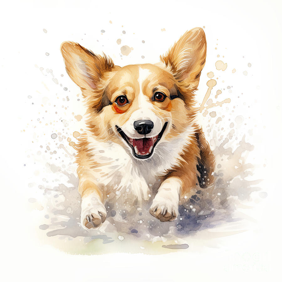 Beautiful Welsh Corgi dog running through a puddle. Watercolour painting isolated on white background. Digital Art by Jane Rix