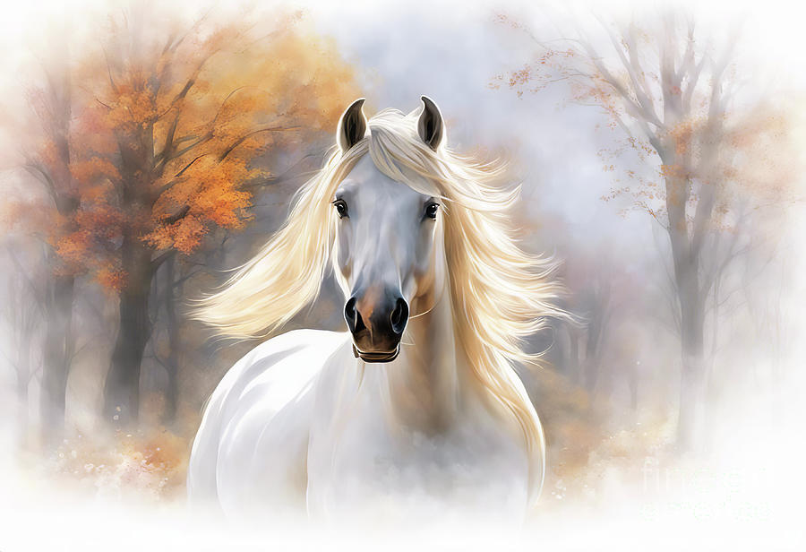 Beautiful White Horse Fall Colors with Wind Blown Mane Mixed Media by Stephanie Laird