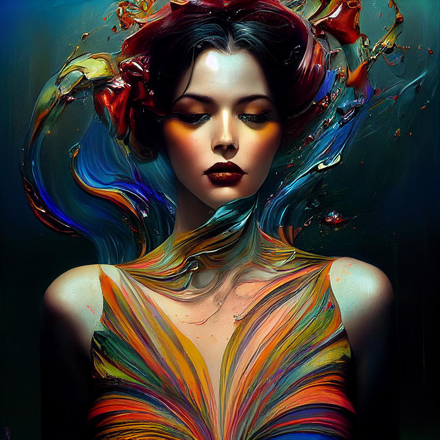 Beautiful Woman Dissolving Into Colorful Liquid Oil Paint Wind ...