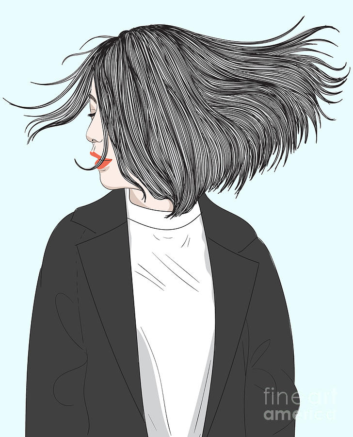 Beautiful Woman Flicking Her Hairstyle - Line Art Graphic Illustration Artwork Digital Art by Sambel Pedes