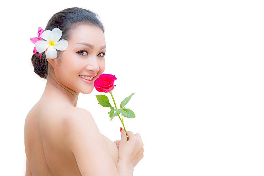 Beauty Fashion Model Woman face. Portrait with Red Rose flower. Photograph by Narith_2527