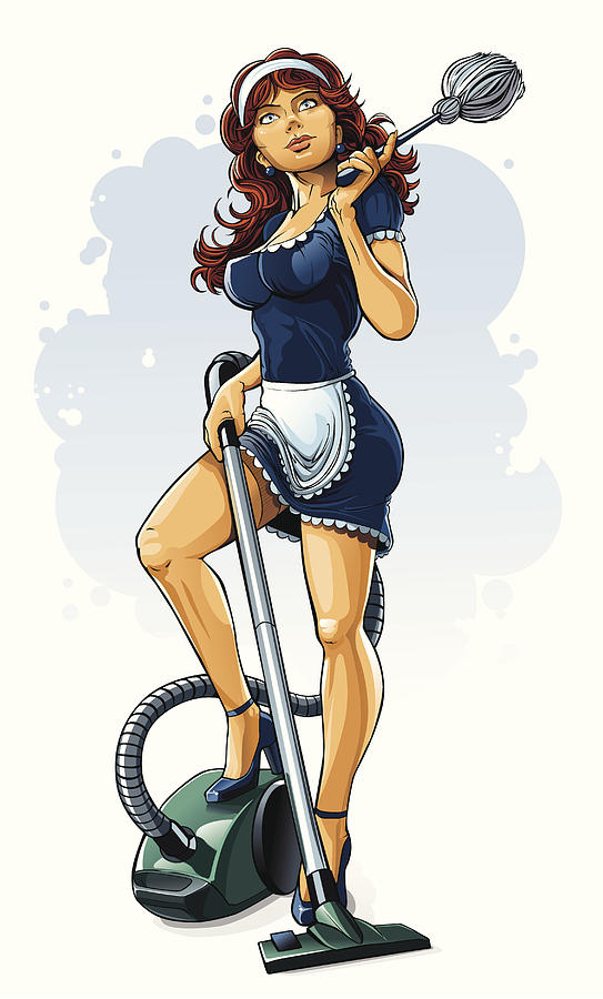Beauty house maid with duster and vacuum cleaner. Drawing by Denzorr