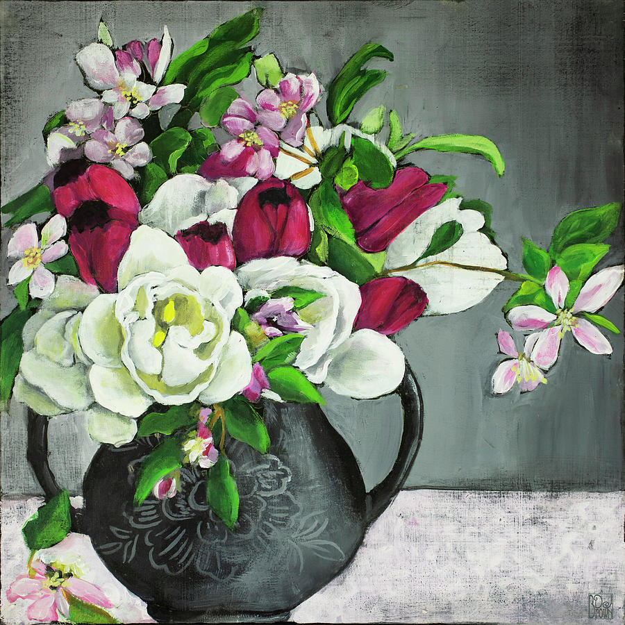 Beauty in a black vase Painting by Debbie Brown