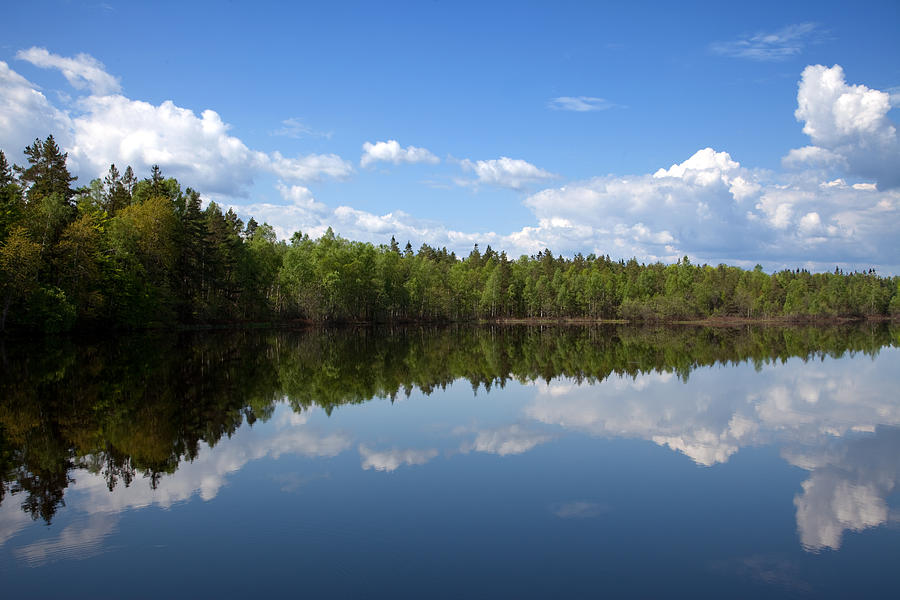 Beauty in nature lake with mirroring cloudscape and forest Photograph by Pejft
