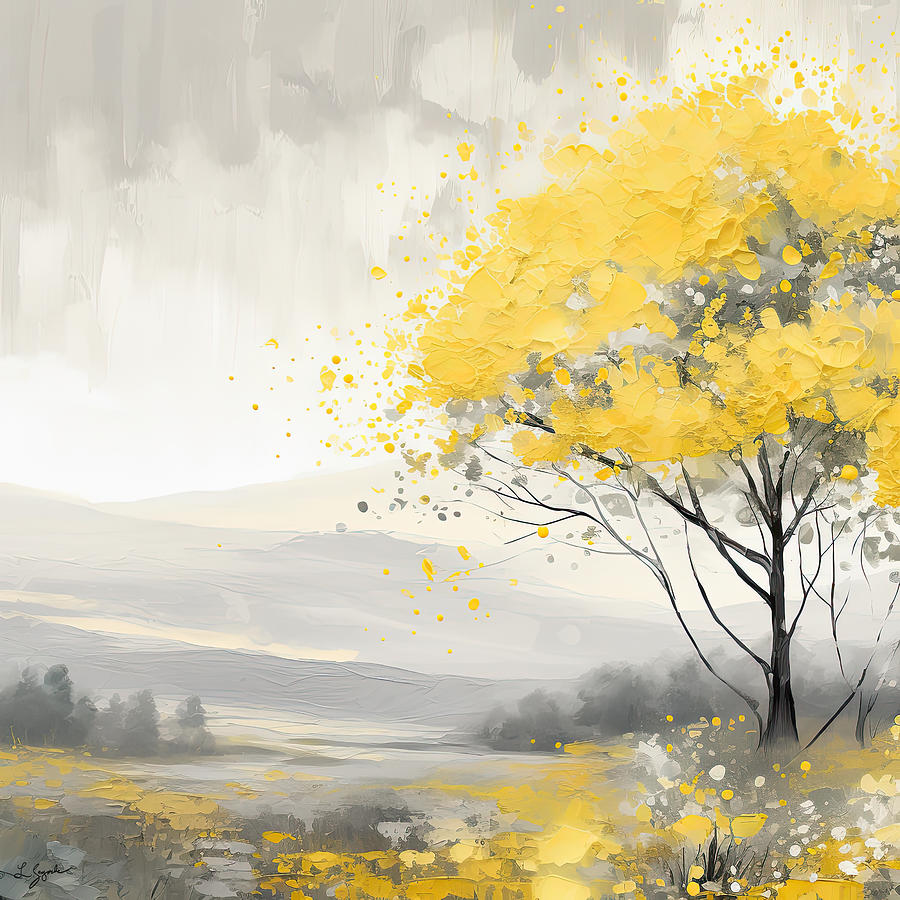 Yellow Painting - Beauty of Autumn - Watercolor Painting of the Woods in Gray and Yellow Leaves Art by Lourry Legarde