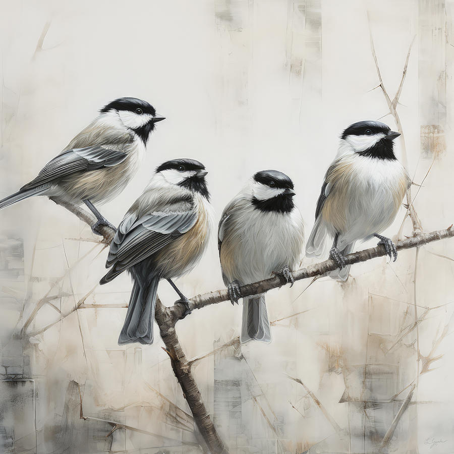 Beauty of Chickadees in Subtle Tones Painting by Lourry Legarde