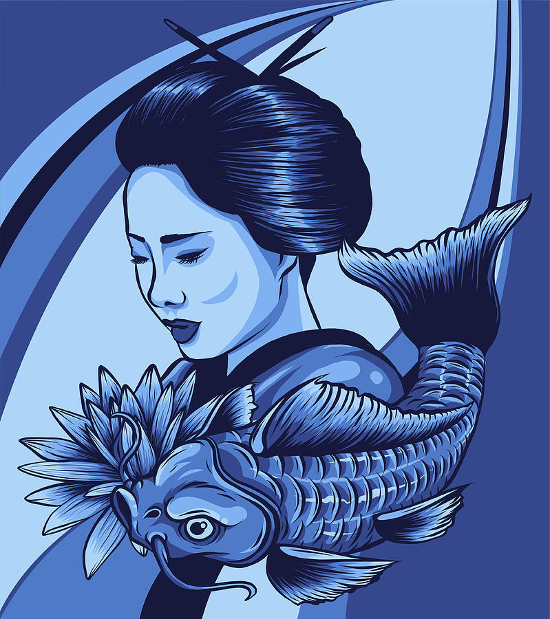 Beautyful Geisha women with koi carp fish. vector illustration Digital ...