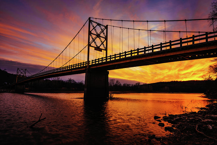 Beaver Bridge Burning Sunset Along White River - Eureka Spring Photograph by Gregory Ballos
