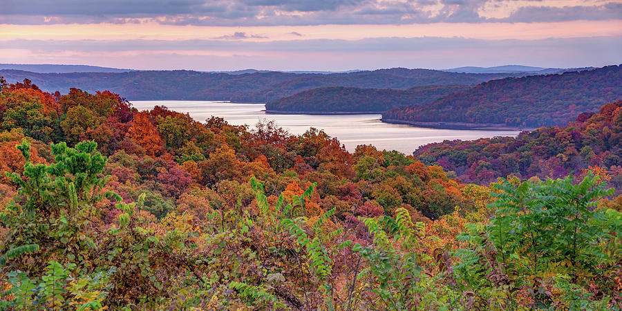 Arkansas Landscape Photograph - Beaver Lake Panorama At Dusk - Northwest Arkansas Autumn Landscape by Gregory Ballos