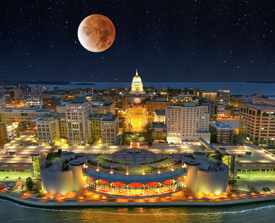 Madison Photograph - Beaver Moon lunar eclipse over Wisconsin State Capitol Building by James Brey