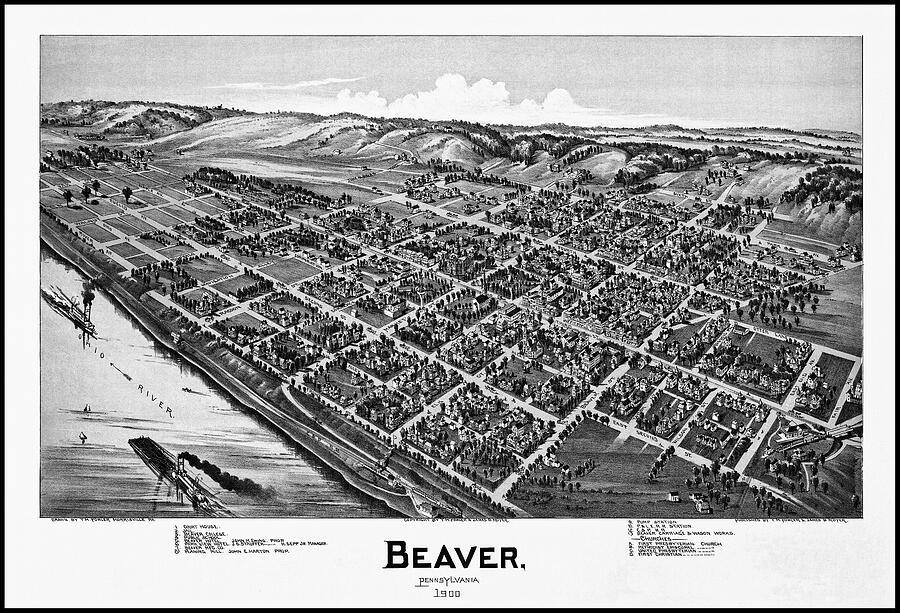 Pennsylvania Map Photograph - Beaver Pennsylvania Vintage Map Birds Eye View 1900 Black and White by Carol Japp