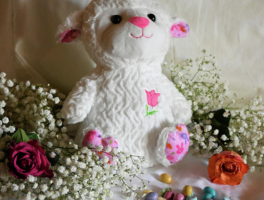 Bed With Easter Lamb And Roses And Candy And Babys Breath Photograph