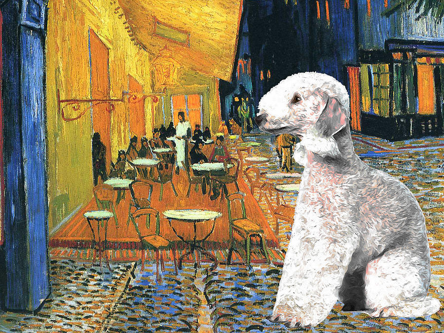 Bedlington Terrier Art Cafe terrace at night Van Gogh Bedlington Dog Print Painting by Sandra Sij