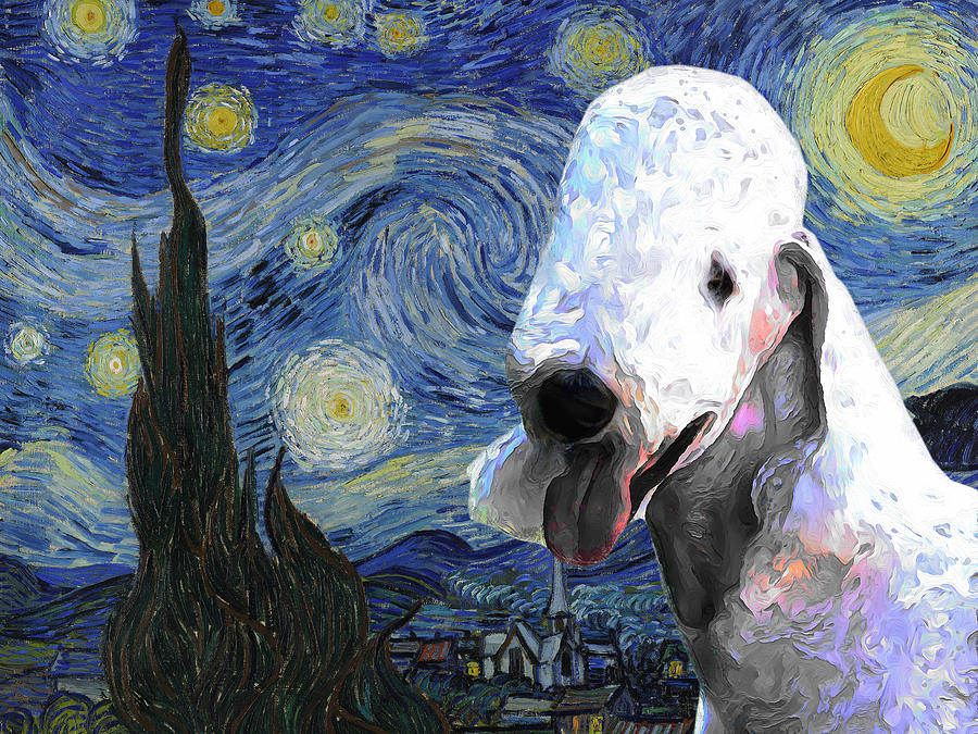 Bedlington Terrier Art Starry Night Van Gogh Bedlington Dog Print Painting by Sandra Sij