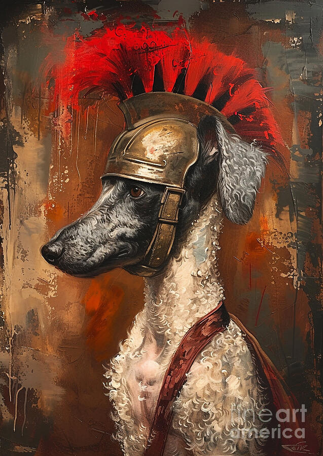 Abstract Painting - Bedlington Terrier - outfitted as a Roman mine scout, nimble and alert by Adrien Efren