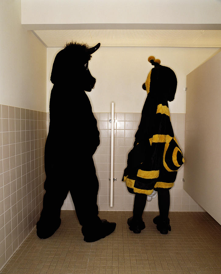 Bee and bull having conversation while at  urinal, rear view Photograph by Ryan McVay