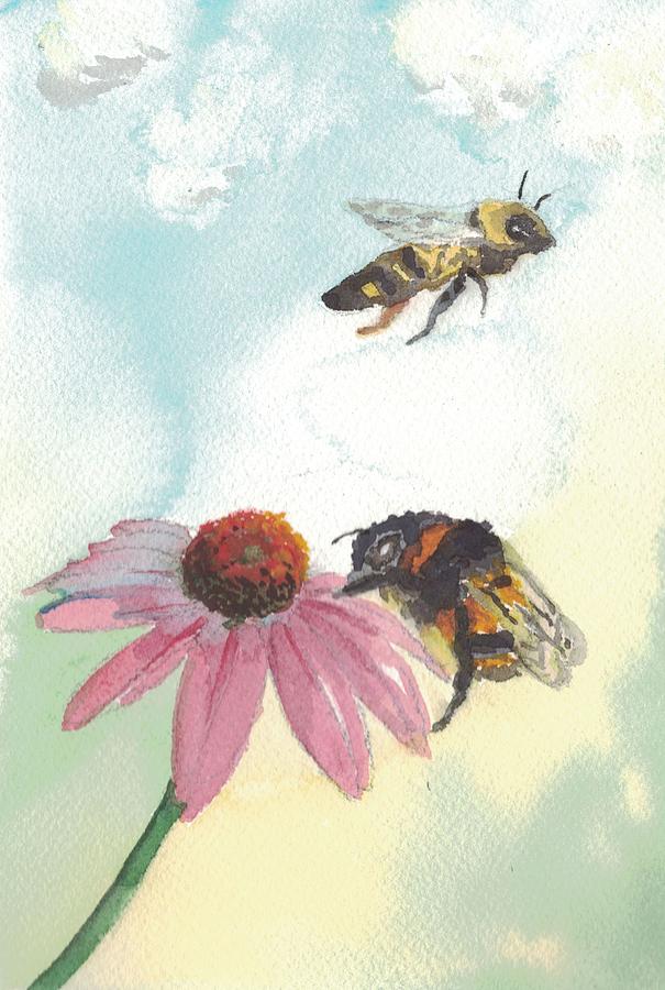Bee and Echinacea  Painting by Hiroko Stumpf