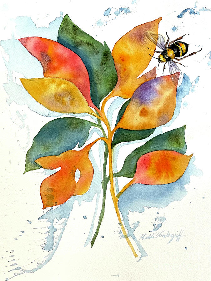 Bee and Leaves Painting by Hilda Vandergriff