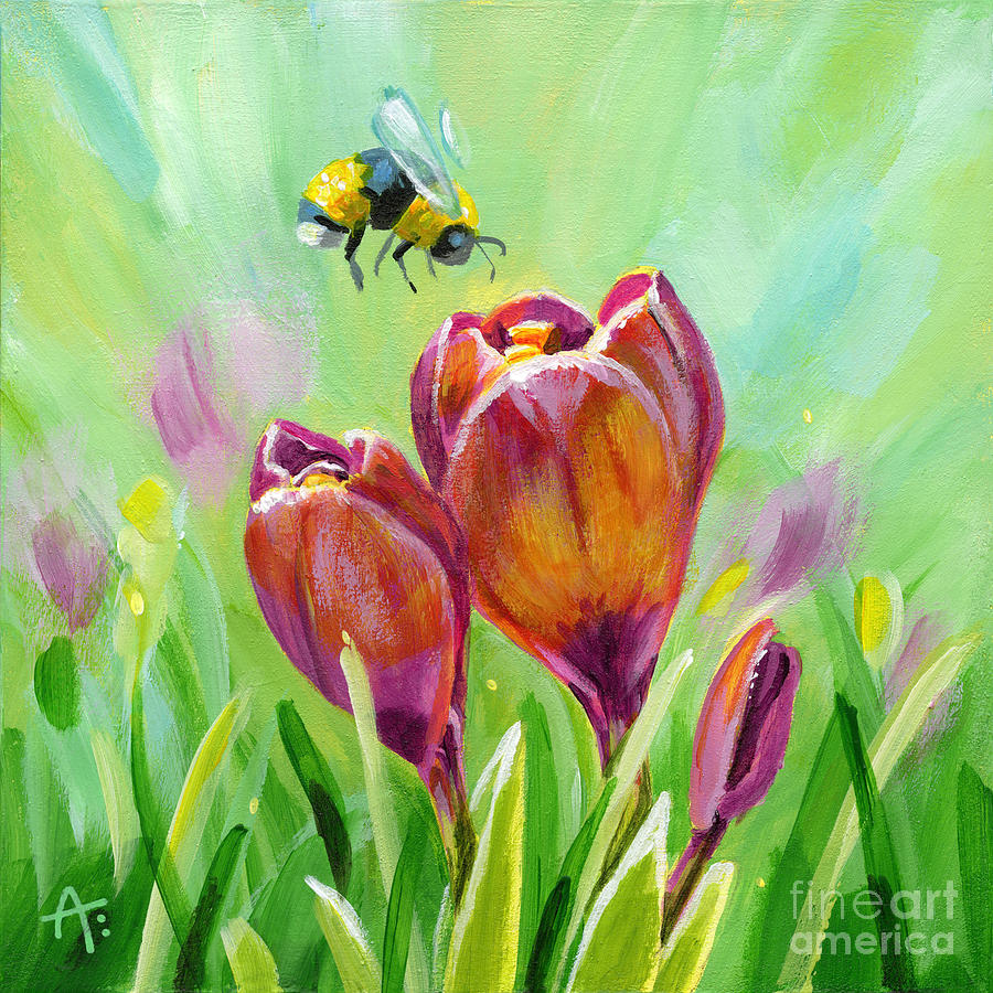 Spring Painting - Bee and Purple Crocuses by Annie Troe