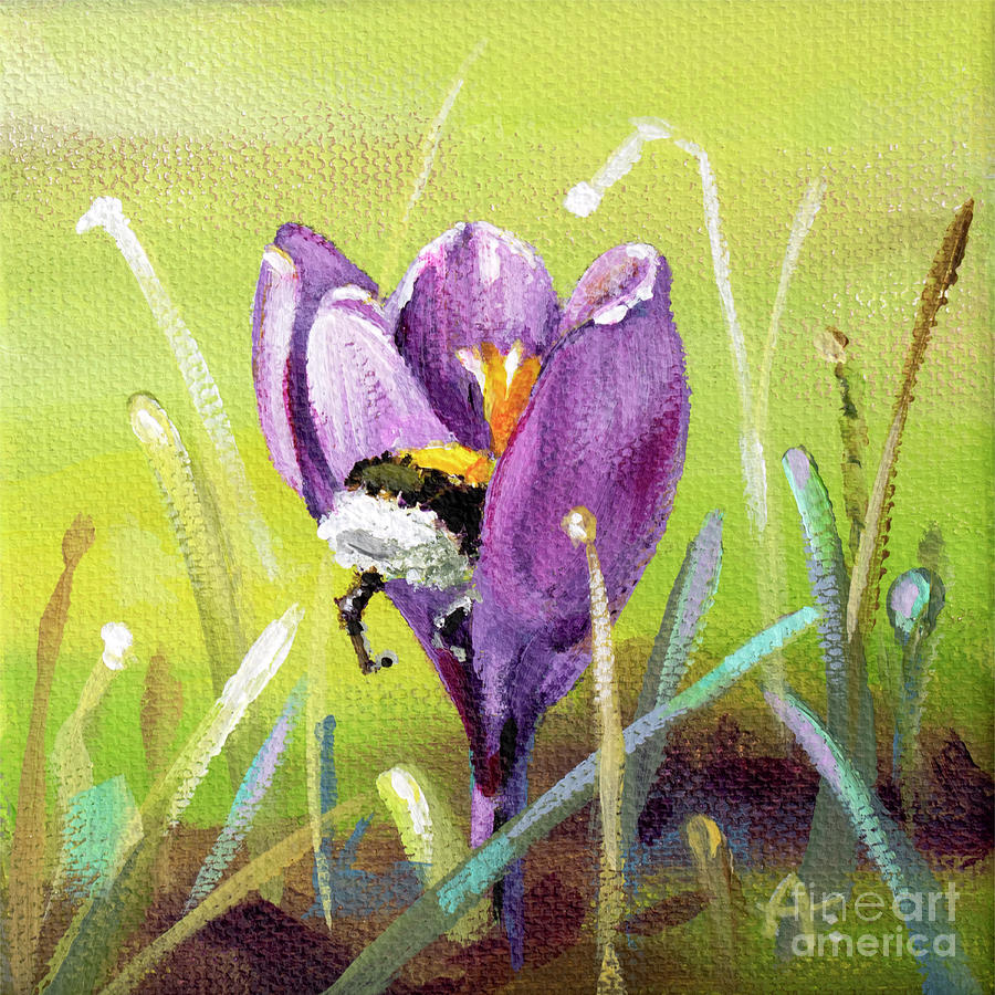 Spring Painting - Bee Butt in a Crocus - Painting by Annie Troe