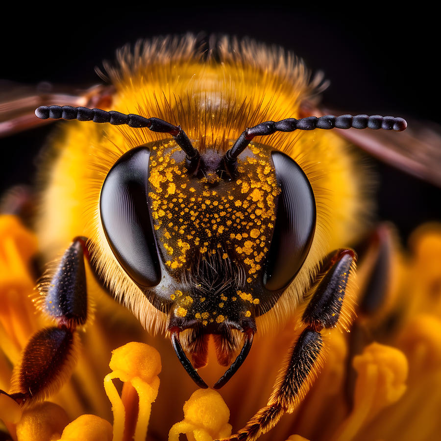 Bee Digital Art - Bee Collecting Pollen in Macro by TintoDesigns
