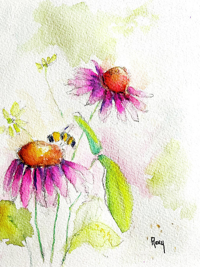 Bee on a coneflower Painting by Roxy Rich