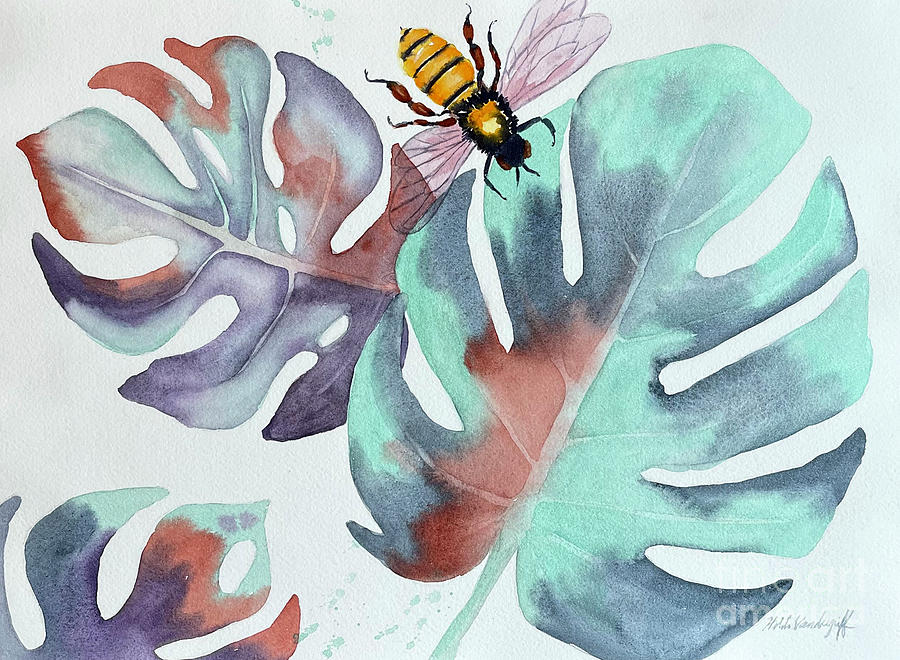 Bee on Monstera Leaf Painting by Hilda Vandergriff