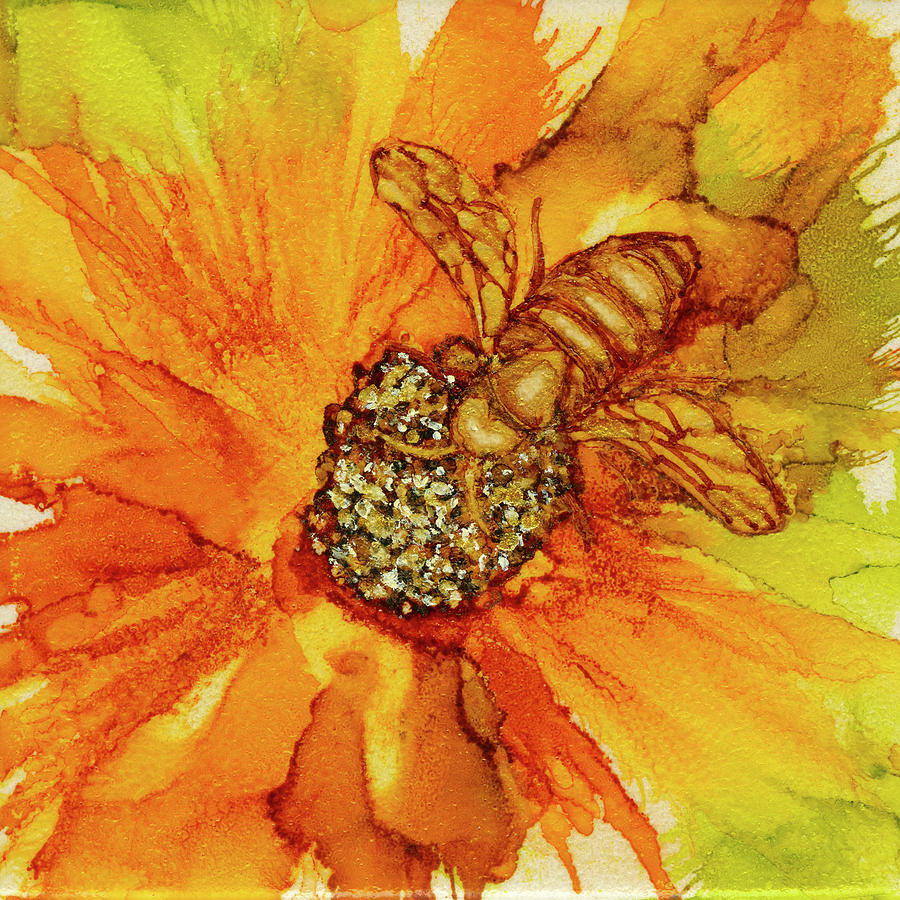 Bee on Orange Flower Alcohol Ink Painting Painting by Deborah League