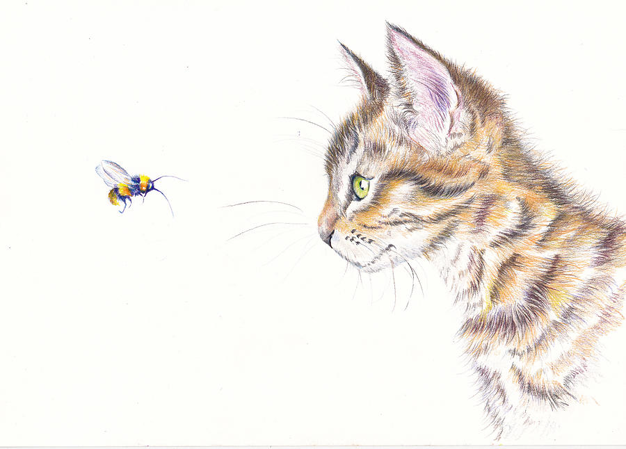 Cat and Bee Sociably Distant Painting by Debra Hall