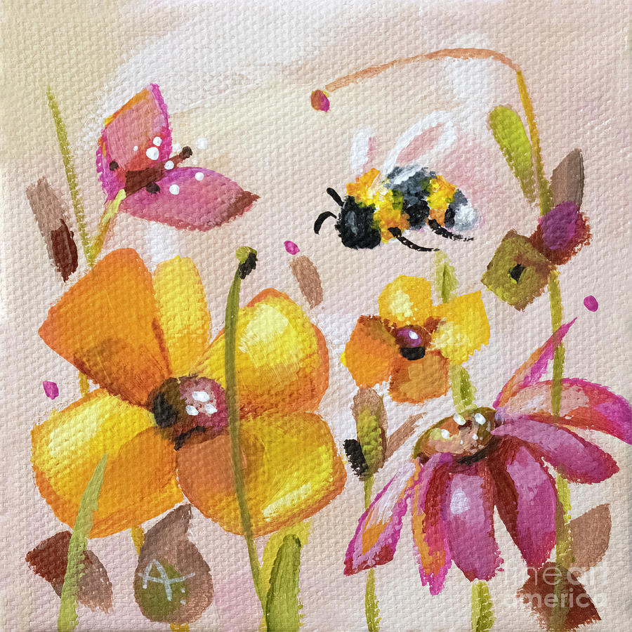 Beecause - Bee and Flower painting Painting by Annie Troe
