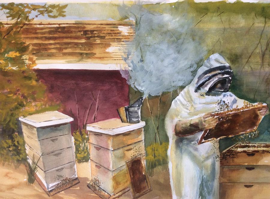 Beekeeper Painting - Beekeeper tending the his hives by Tom Steiner