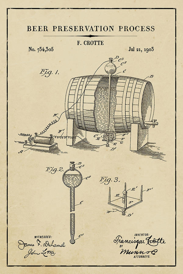Beer Preservation Process Blueprint Patent on Aged Paper Digital Art by Florian Rodarte