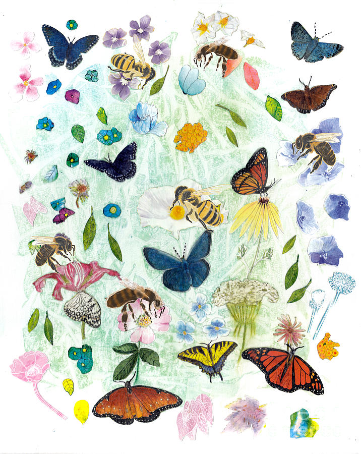 Bees and Butterflies in A Collage Garden Mixed Media by Conni Schaftenaar