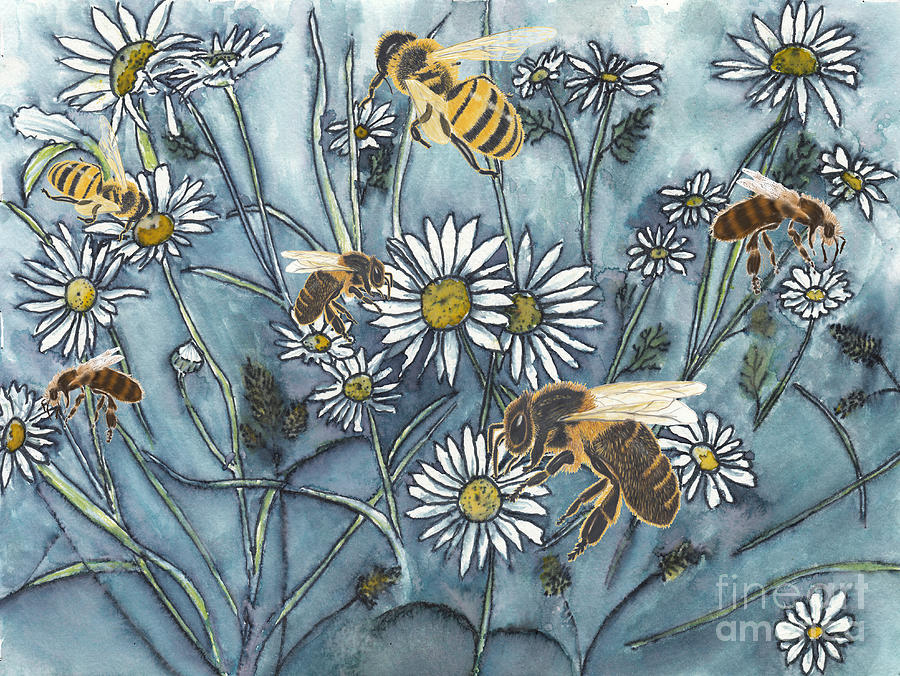 Bees in the Wild Daises Mixed Media by Conni Schaftenaar