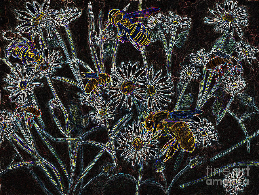 Bees In The Wild Daisies, Neon Digital Art Digital Art