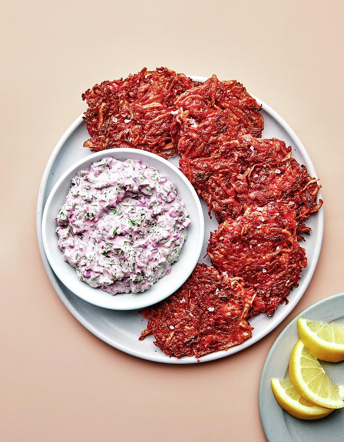 Beet Fritters with Beet Greens Yogurt Photograph by Emma Fishman Beet Fritters with Beet Greens Yogurt Photograph by Emma Fishman